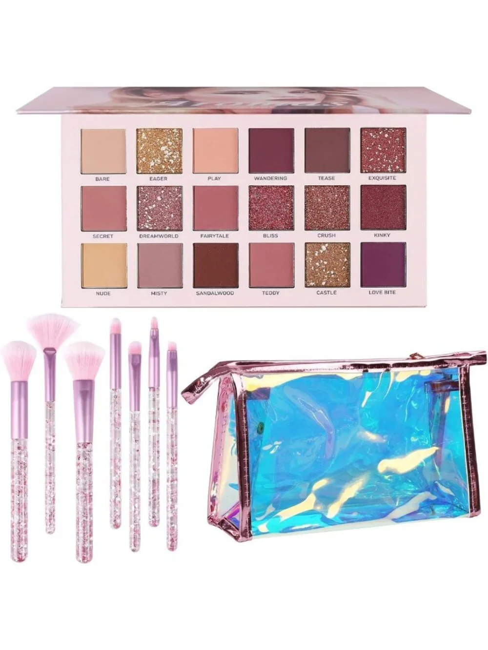 18 Color Nude Eyeshadow Palette + 7 Soft Brushes & Pink Cosmetic Bag Set for
